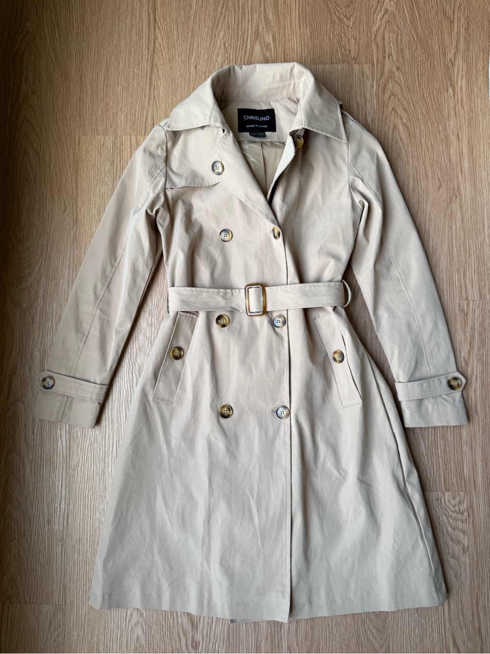 Classic Beige Trench Coat Belted Double Breasted Hooded Size Small
